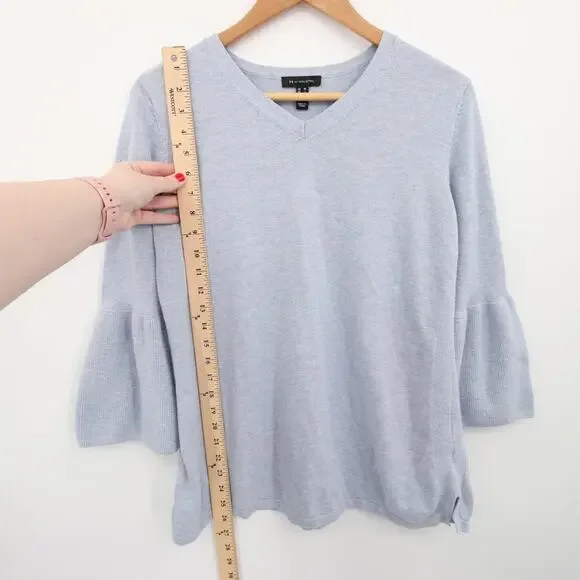 H by Halston Sweater Top Blue V Neck Bell Sleeve 3/4 Sleeve Blouse Casual Size M - Picture 4 of 11